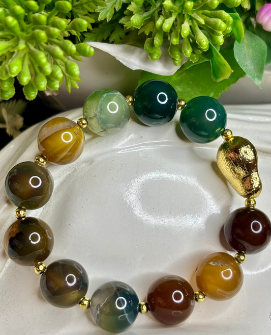 Earth Aura Bracelet – Natural Green & Brown Agate with Gold Accent