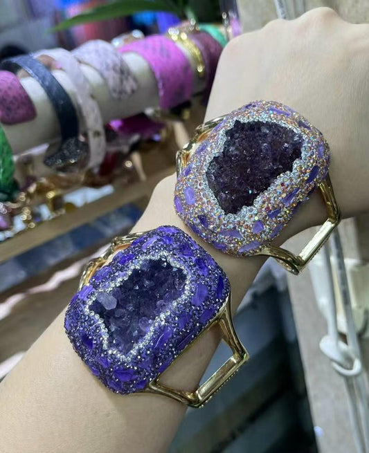 Natural Amethyst Statement Bracelets with Sparkling Zircon & Gold-Plated Stainless Steel