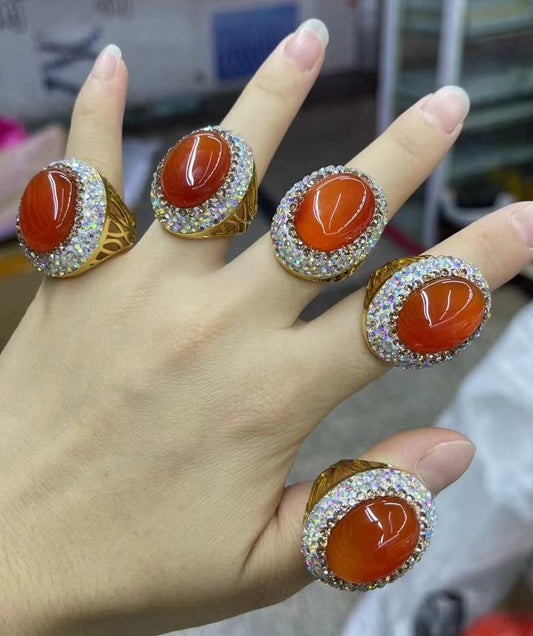 Natural Carnelian Rings with Sparkling Zircon & Gold-Plated Metal