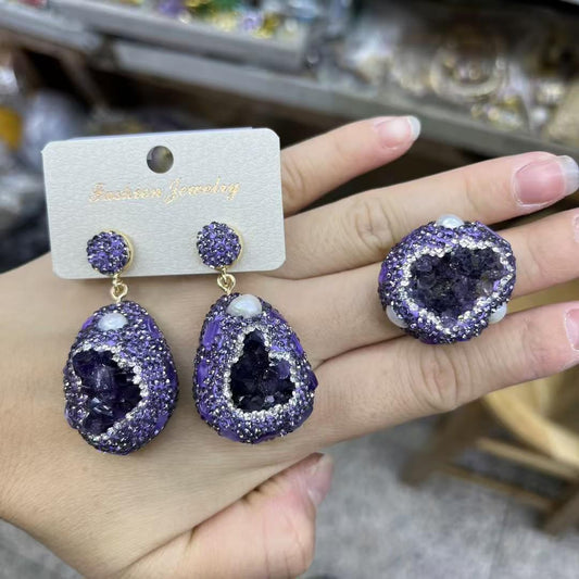 A stunning earring & ring set crafted from natural Amethyst