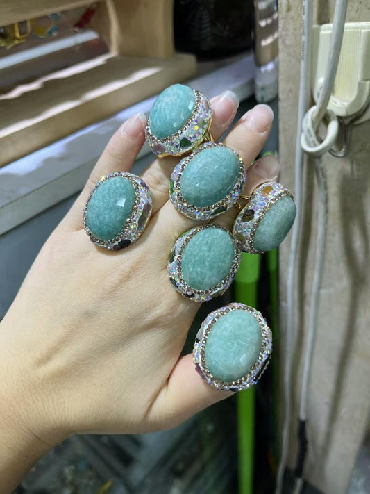 Natural Amazonite Rings with Sparkling Zircon & Gold-Plated Stainless Steel